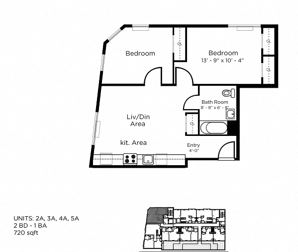 Floor plan for 2 beds, 1 bath, 720 sqft